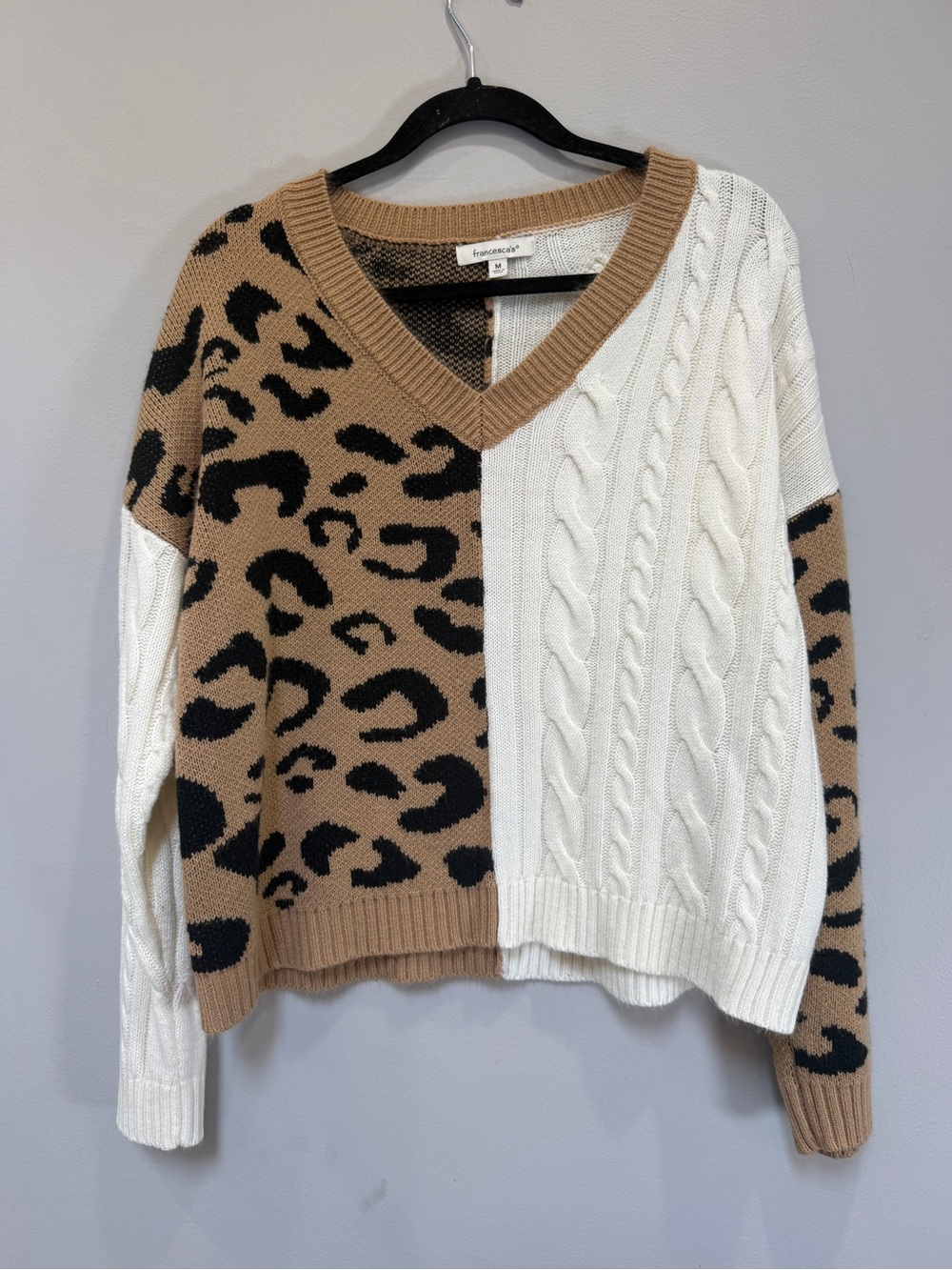 Animal-Print Cable Knit V-Neck Sweater - Beige & White